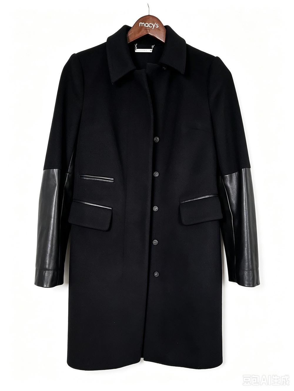 DVF 90%Wool 10% Cashmere Coat With Leather Half Sleeve- Black Size 6 S5590202T12